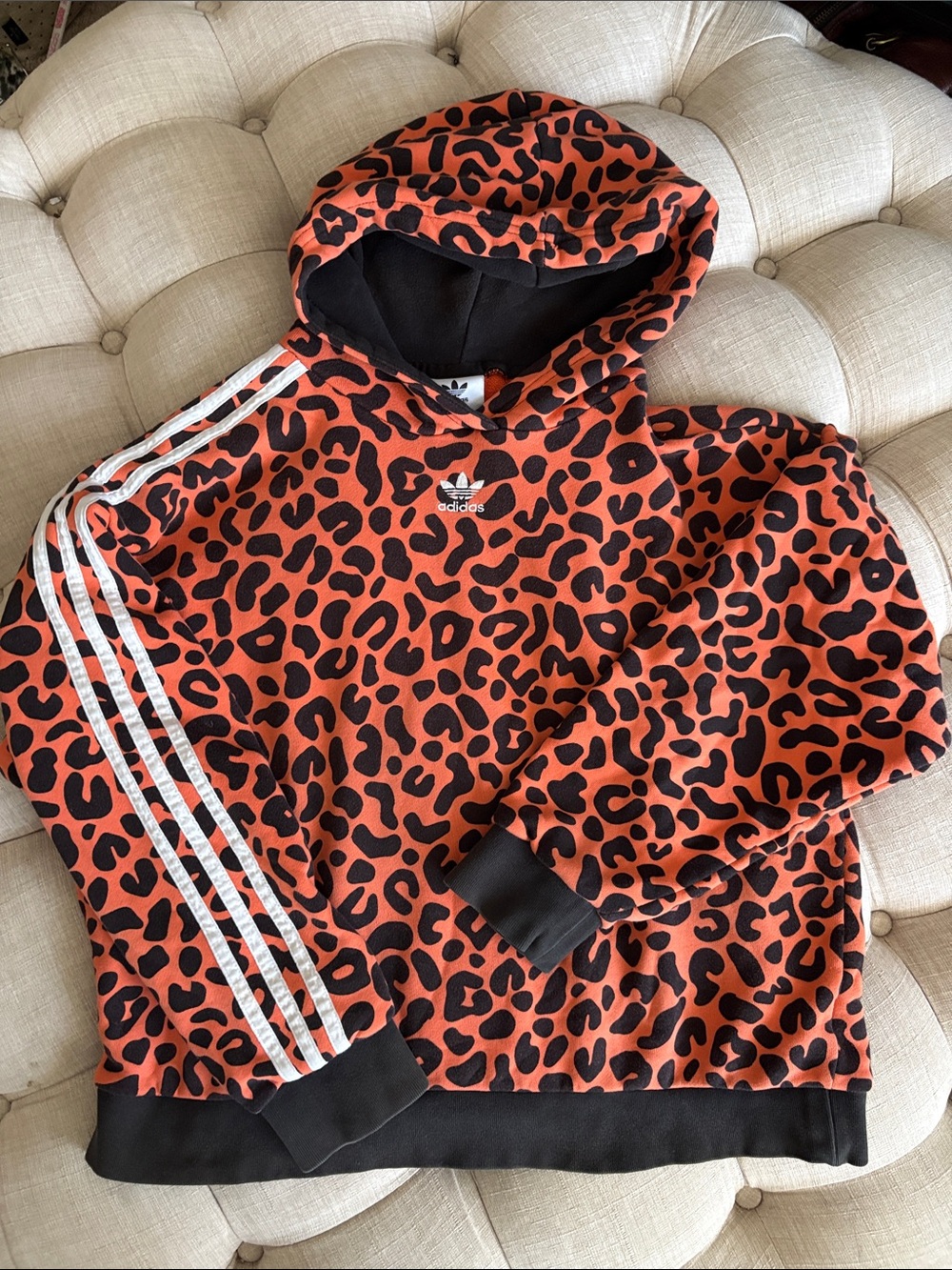 adidas Rich Mindi Leopard Print Cropped Hoodie with White Stripes
